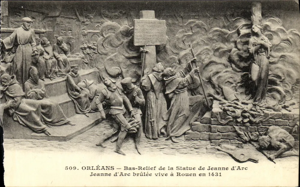 Orléans — Relief der Statue der Jeanne d'Arc — Jeanne d'Arc verbrannt in Rouen 1431 - Vorderseite