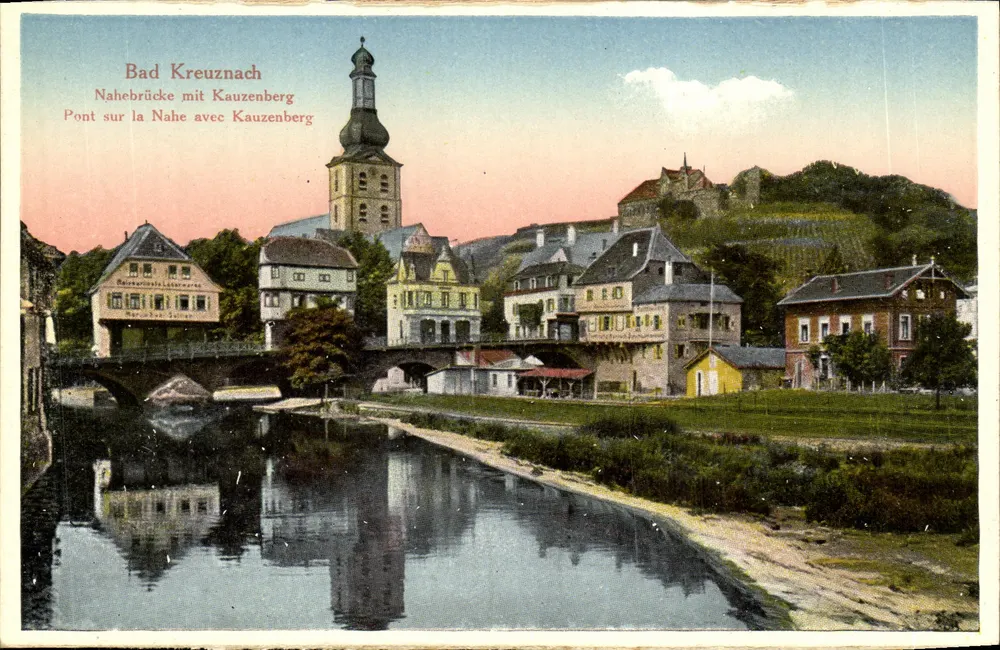 Bad Kreuznach — Brücke über die Nahe mit Kauzenberg — Nr. 95282 - Vorderseite