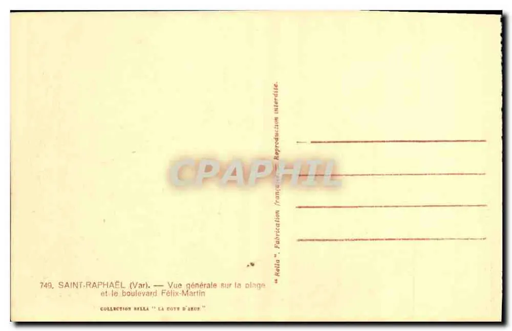 Saint-Raphaël — Allgemeiner Blick auf die Strandpromenade und den Boulevard Félix-Martin — Verlag Rella, Nr. 749 - Rückseite