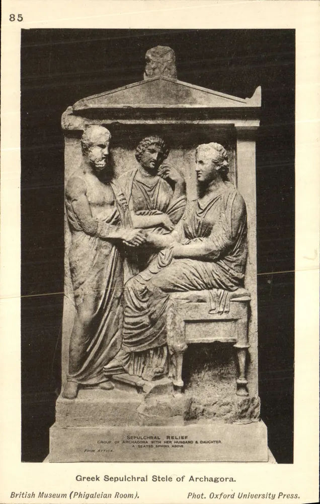 Griechische Grabstele von Archagora — Gruppe von Archagora mit ihrem Ehemann und Tochter — British Museum (Phigaleian Room) — Oxford University Press - Vorderseite