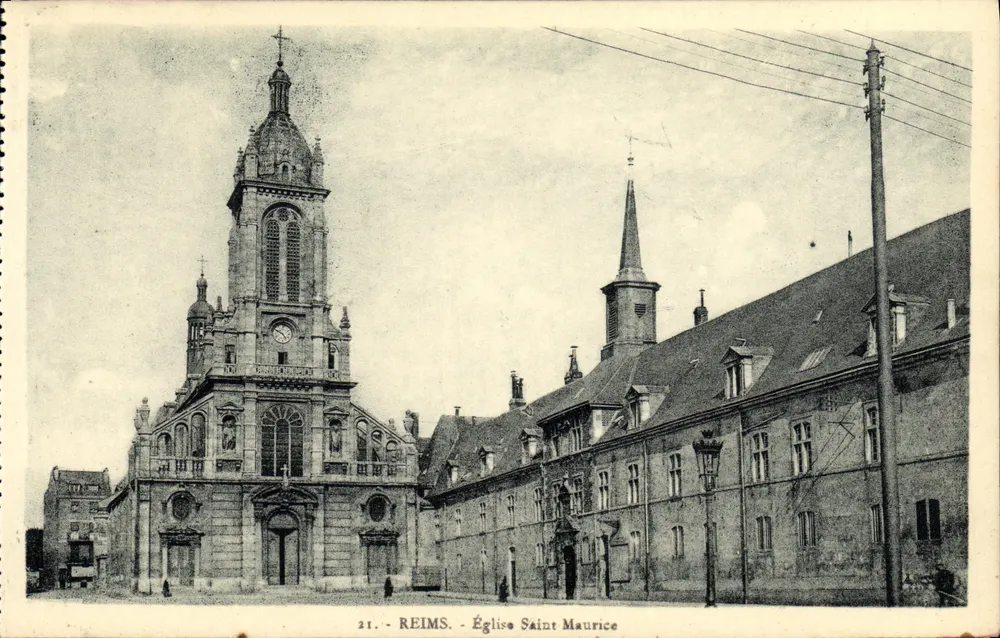 Reims - Igreja de São Maurício — vista da igreja e de seus edifícios adjacentes — editor Politis, Reims - Frente