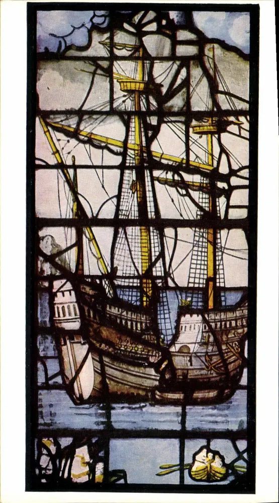 Capela de King's College, Cambridge — detalhe da janela XXIII — navio por volta de 1530 — Waterlow & Sons Limited - Frente