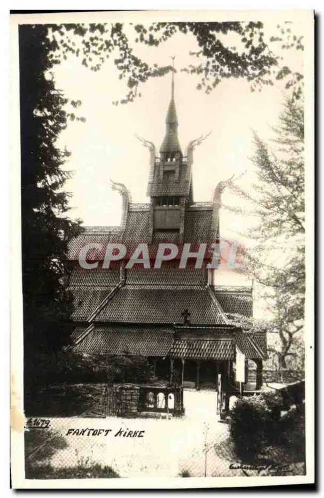 Fantoft Kirke — église en bois norvégienne avec toit à pignons ornés de créatures mythologiques — éditeur Brevkort - Awers
