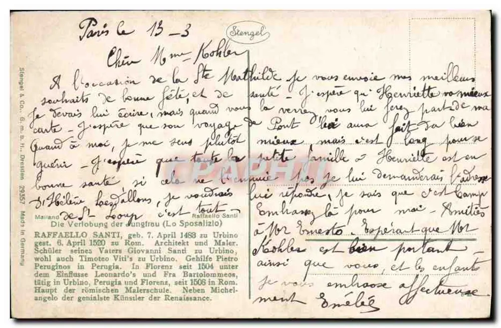 A Verdadeira Natividade — Raffaello Santi — Stengel & Co. n° 29357 - Verso