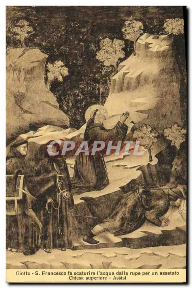 Heiliger Franziskus lässt Wasser aus dem Felsen für einen durstigen Reisenden fließen — Giotto — Oberkirche — Assisi - Vorderseite
