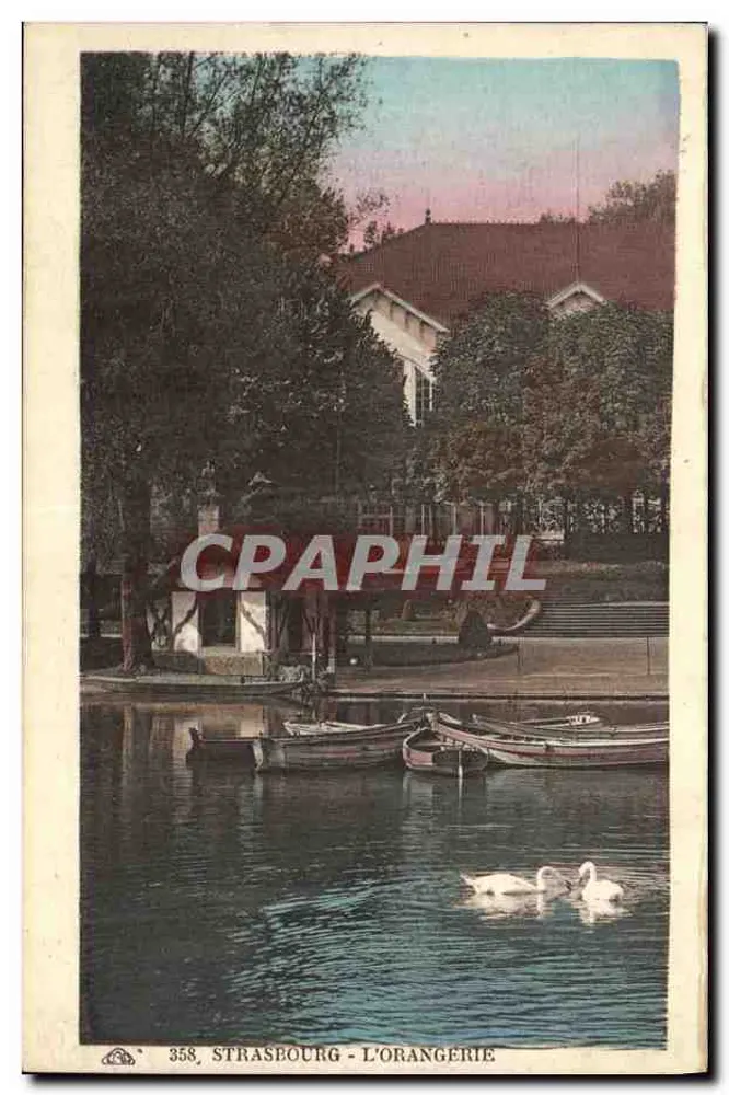 Estrasburgo - A Orangerie — vista do lago com cisnes e barcos — editor: C. Albinus, n° 358 - Frente
