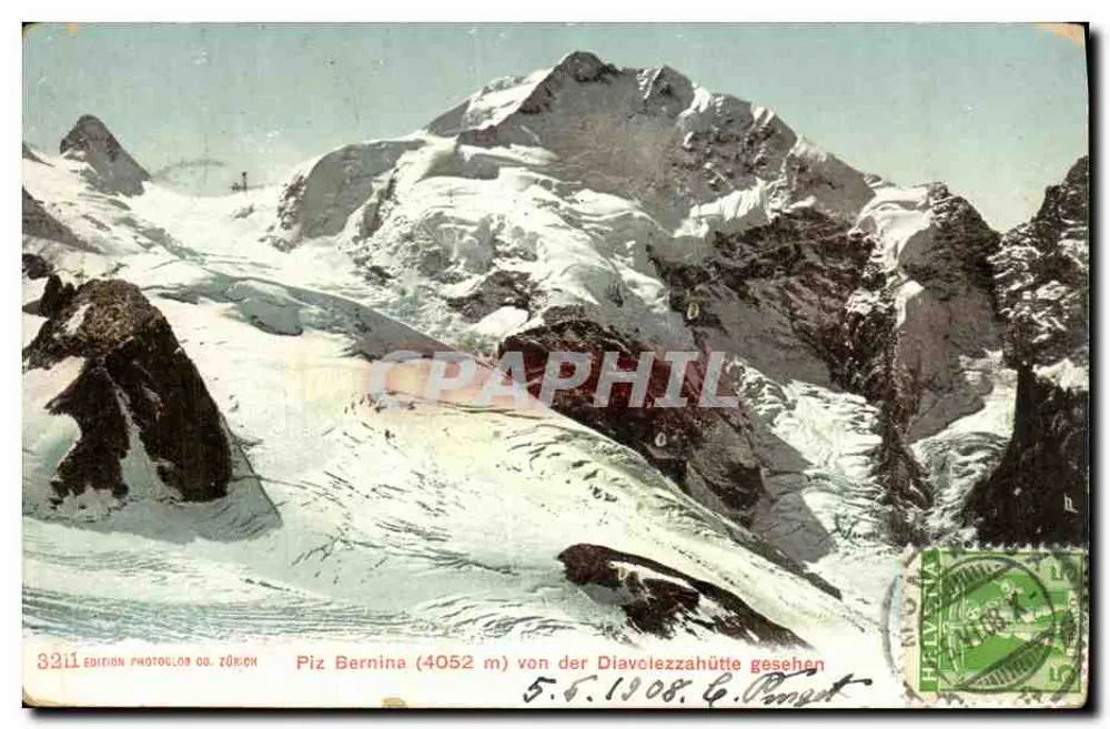 Piz Bernina (4052 m) — Ausblick von der Diavolezzahütte — Edition Photoulos & Cie, Zürich, Nr. 3211 - Vorderseite