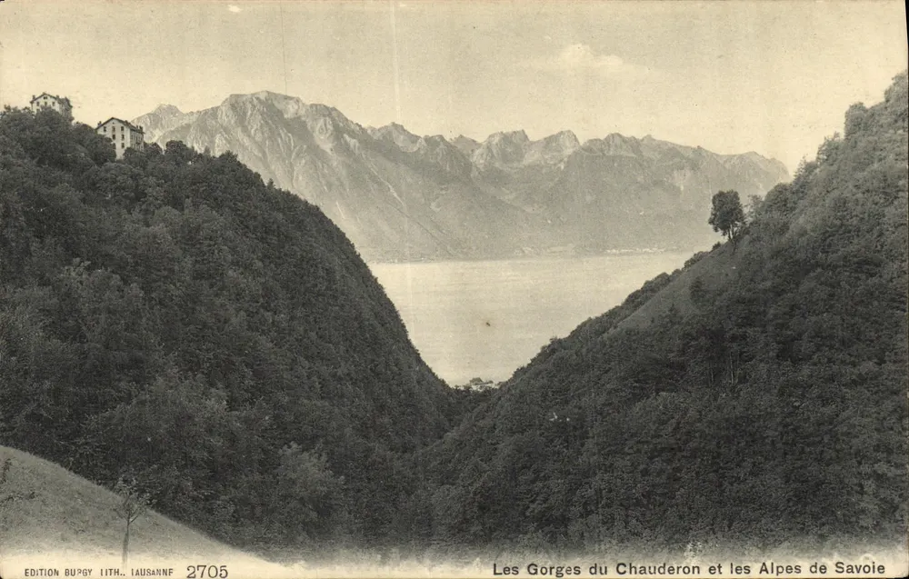 Die Gorges du Chauderon und die Alpen der Savoyen — Burgy Lith. Ausgabe Lausanne 2705 - Vorderseite