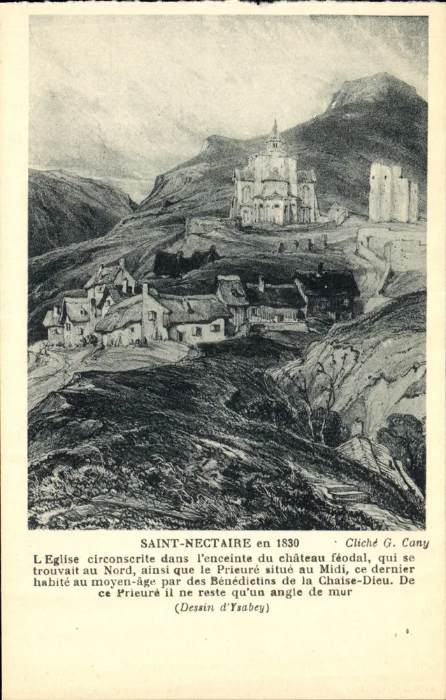 Saint-Nectaire em 1830 — Igreja e castelo feudal — Desenho de Ysabey, Cliché G. Cany - Frente