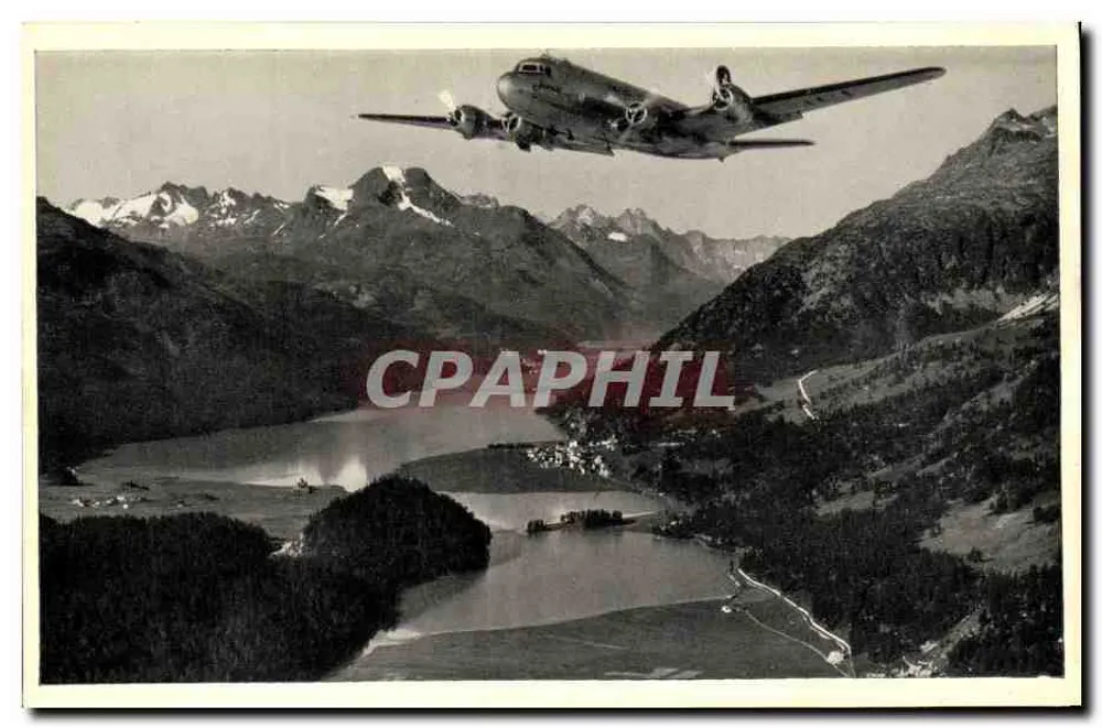 Avião de linha acima de um lago alpino — Swissair — editor L. M. Kohler, Papier & Druck, Zurique - Frente