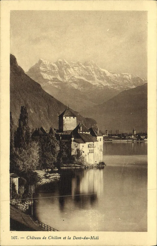 Kasteel Chillon en de Dent-du-Midi — zicht op het meer met een gesneeuwde berg — serie 507, uitgever E. Haissly, Genève - Voorkant