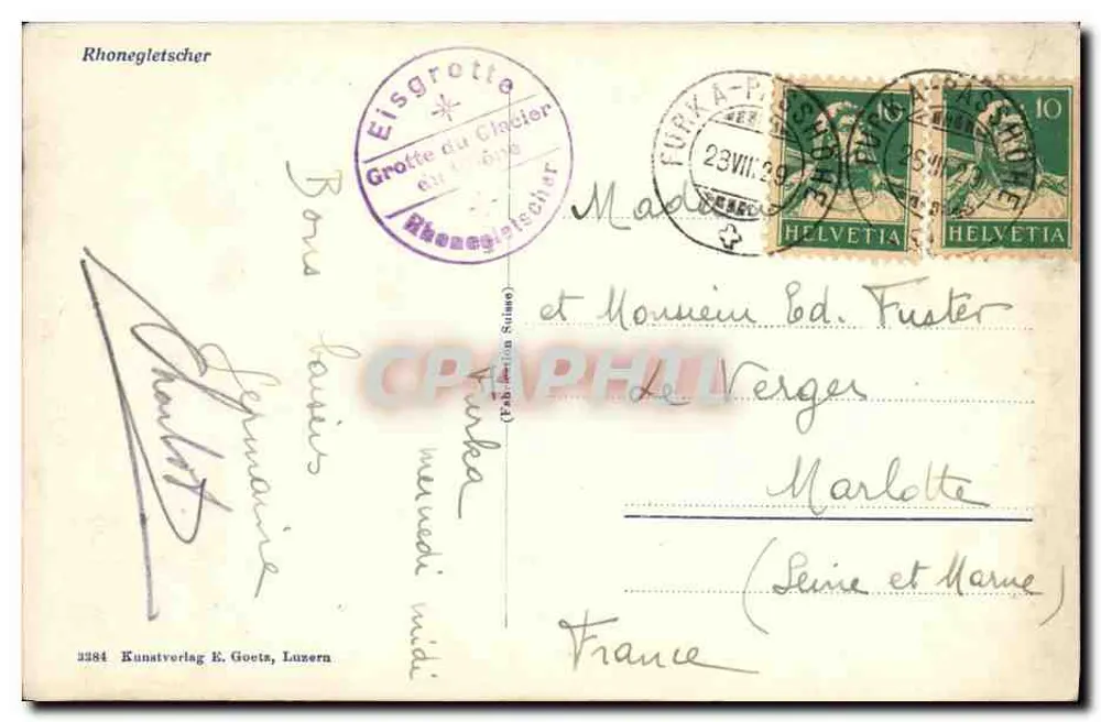 Glaciar do Rhône — Gruta do Glaciar — Kunatverlag E. Goetz, Luzern, n° 3384 - Verso