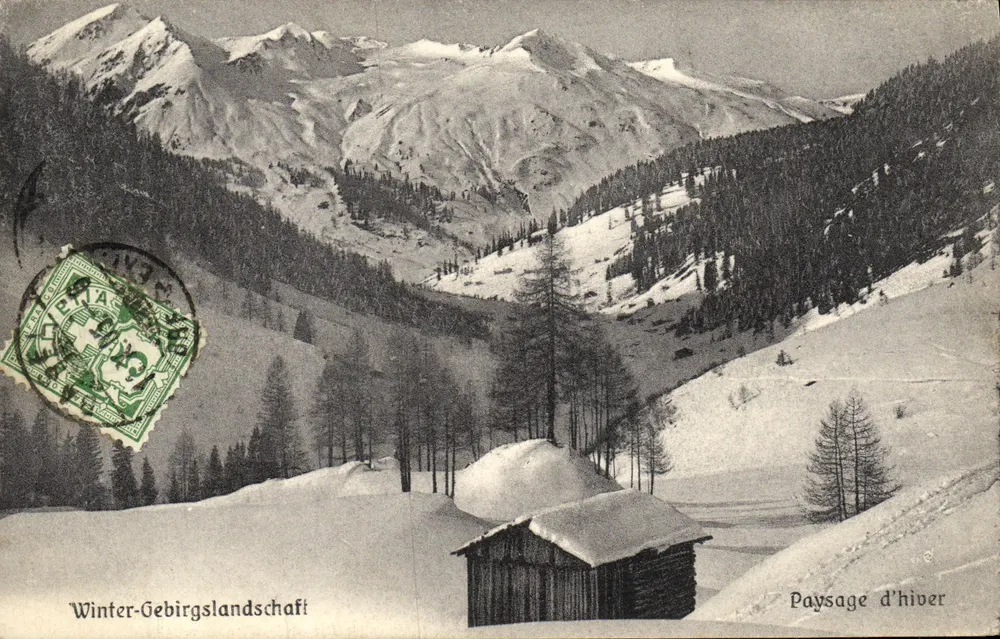 Paisagem de inverno — montanhas nevadas com cabana — editor R.-F. B. No. 2831 - Frente