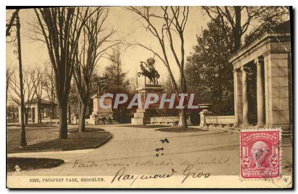 Sortie, Prospect Park, Brooklyn — statue équestre et entrée monumentale — éditeur Raphael Tuck & Sons - Frente