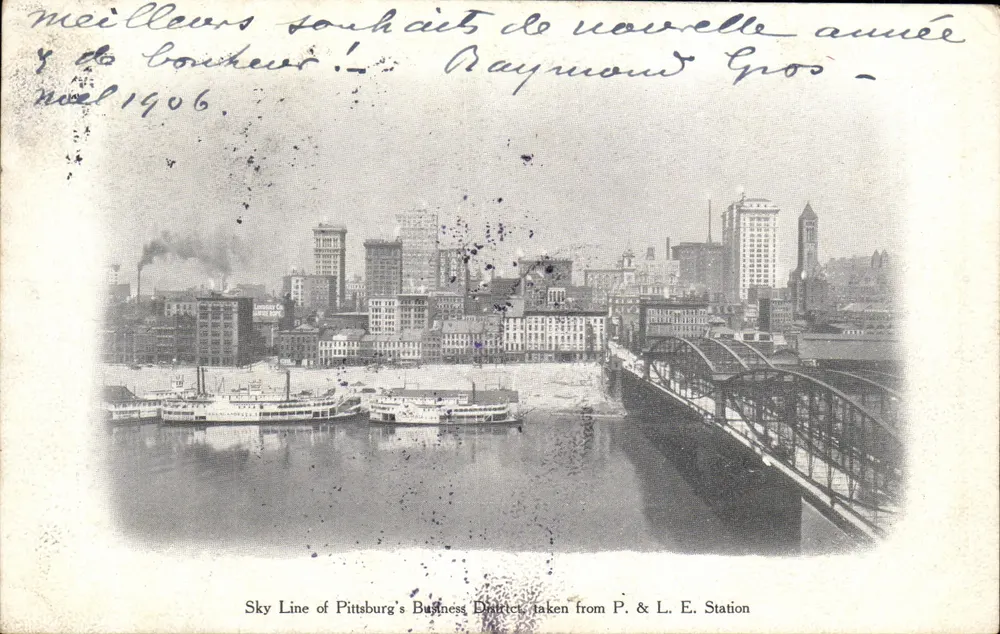 Pittsburghs Geschäftsbezirk — Ansicht von der P. & L. E. Station — Verlag Pittsburg Press Post Cards, Serie 16 Themen - Vorderseite