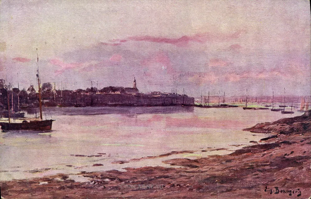 Concarneau — Vista do porto ao entardecer — Eug. Bourgeon, série S.XIX, edição M&M - Frente