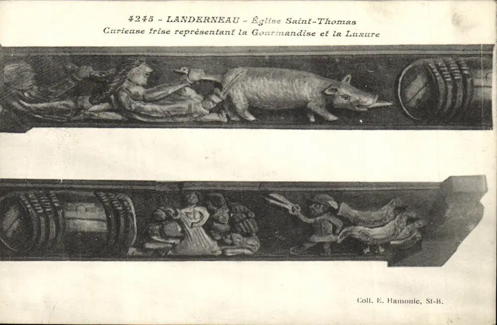 Landerneau - Kirche Saint-Thomas — geschnitzte Friesdarstellung der Gourmandise und Luxus — Sammlung E. Hamonic, St-B. - Vorderseite