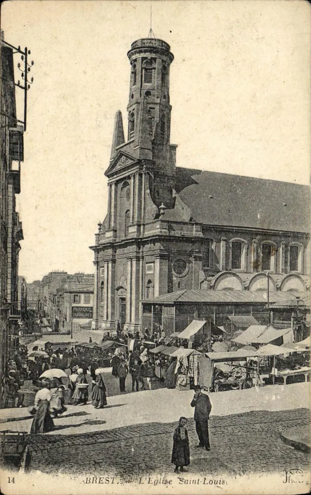 Brest — L'Église Saint-Louis avec marché — éditeur J. Thoë - Frente