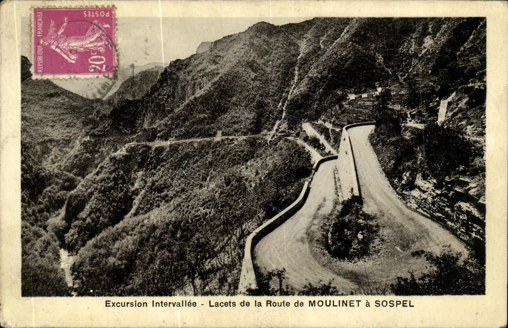 Kurven der Straße von MOULINET nach SOPSEL — Intervallée-Tour — Verlag Belmon, Hôtel de Paris, Moulinet - Vorderseite