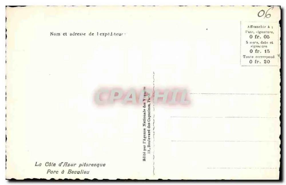 La Costa Azul pintoresca — Parque de Beaulieu — Editado por la Agence Nationale des Capucines, París - Reverso