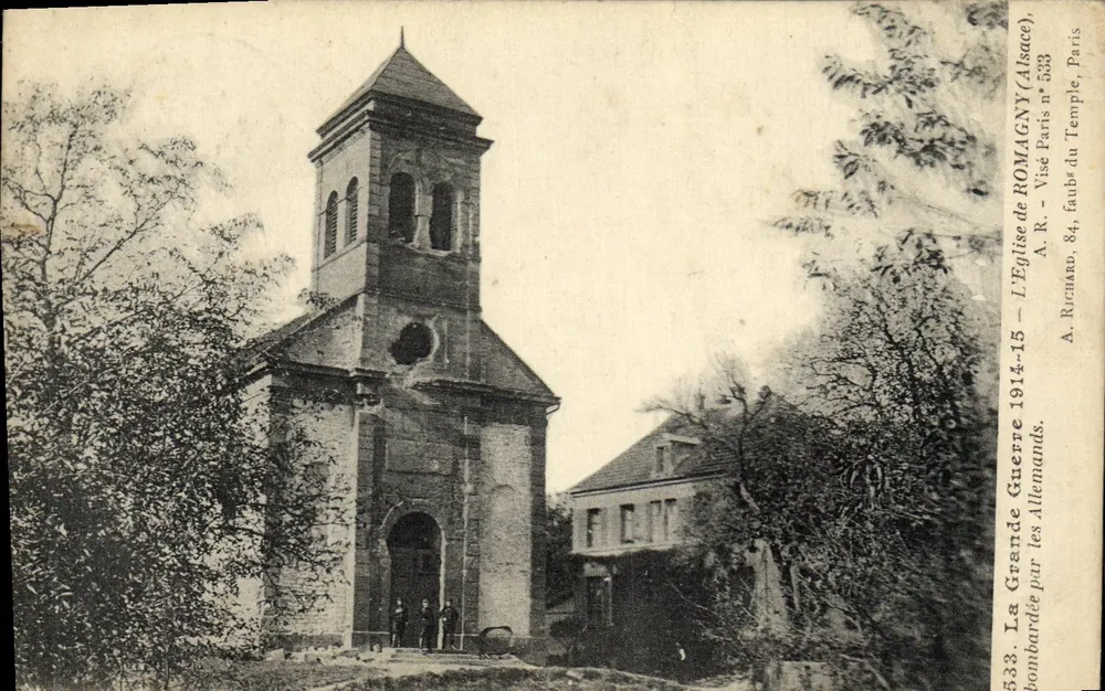 Igreja de Romagny (Alsácia) — bombardeada pelos Alemães — A. R. Vise, Paris n° 533 - Frente