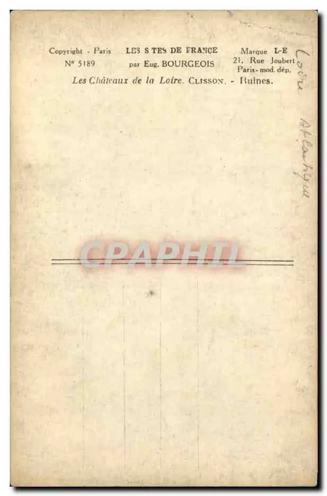 Castelo de Ruínas — ruínas sobre um lago — editor Eug. Bourgeois, série N° 5189 - Verso