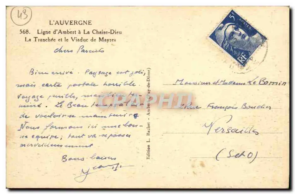 L'Auvergne — Linie von Ambert nach La Chaise-Dieu, La Tranchée und der Viadukt von Mayres — Edition L. Rachet - Ambert (Puy-de-Dôme) n°568 - Rückseite