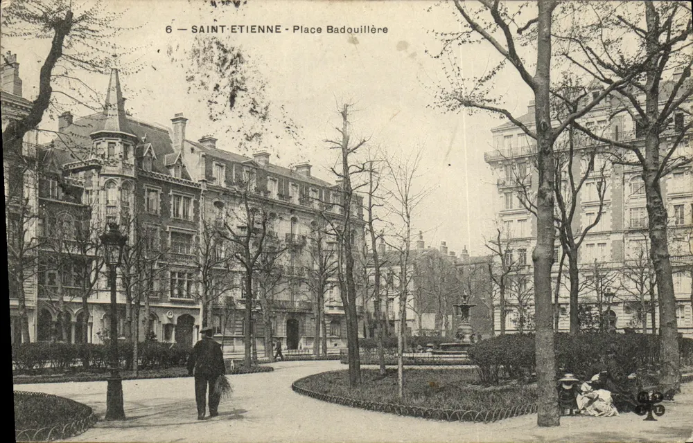 Saint-Étienne - Plein Badouillère — uitzicht op het plein met fontein en gebouwen — onbekende uitgever, n°6 - Voorkant