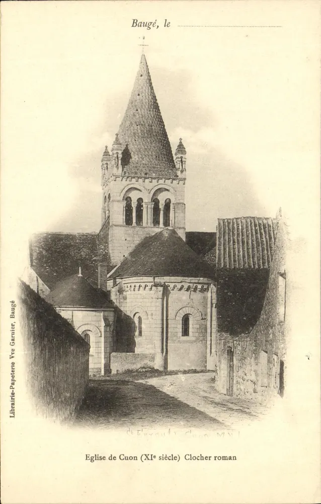 Baugé, die Kirche von Cuon — romanischer Turm aus dem 11. Jahrhundert — Librairie-Papeterie Vve Garnier, Baugé - Vorderseite