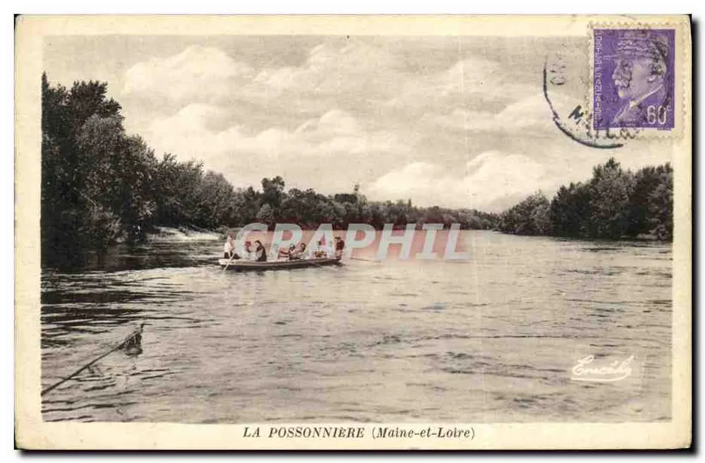 La Possonnière (Maine-et-Loire) — vista do rio com barco — Fototipia Maur. Chrétien, Angers - Frente