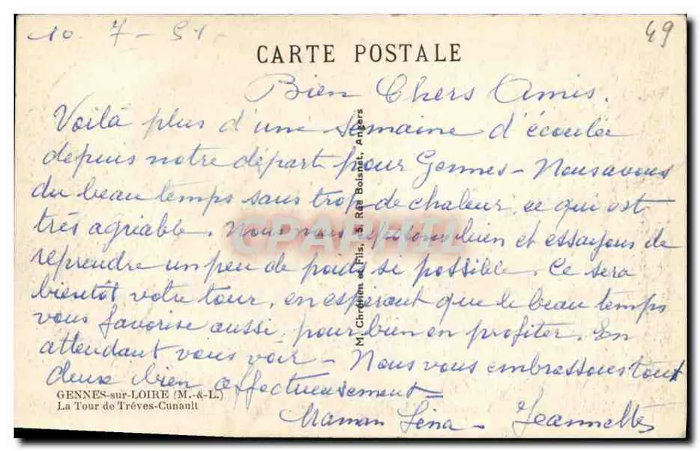 Emoëcha — Ansicht der Turm von Tréves-Cunault — Verleger Emoëcha - Rückseite