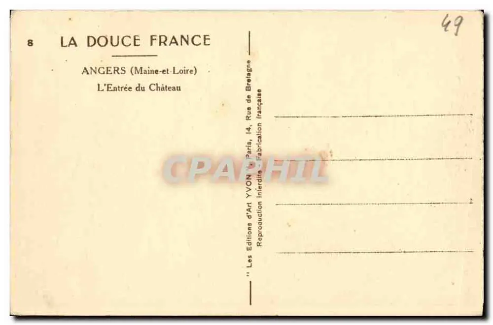 Angers (Maine-et-Loire) — A Entrada do Castelo — Éditions d'Art YVON, Paris - Verso