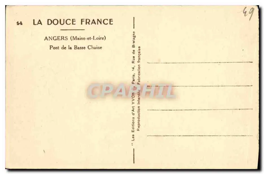 Angers — Pont de la Basse-Chaine — Les Éditions d'Art Yvon, Paris - Verso