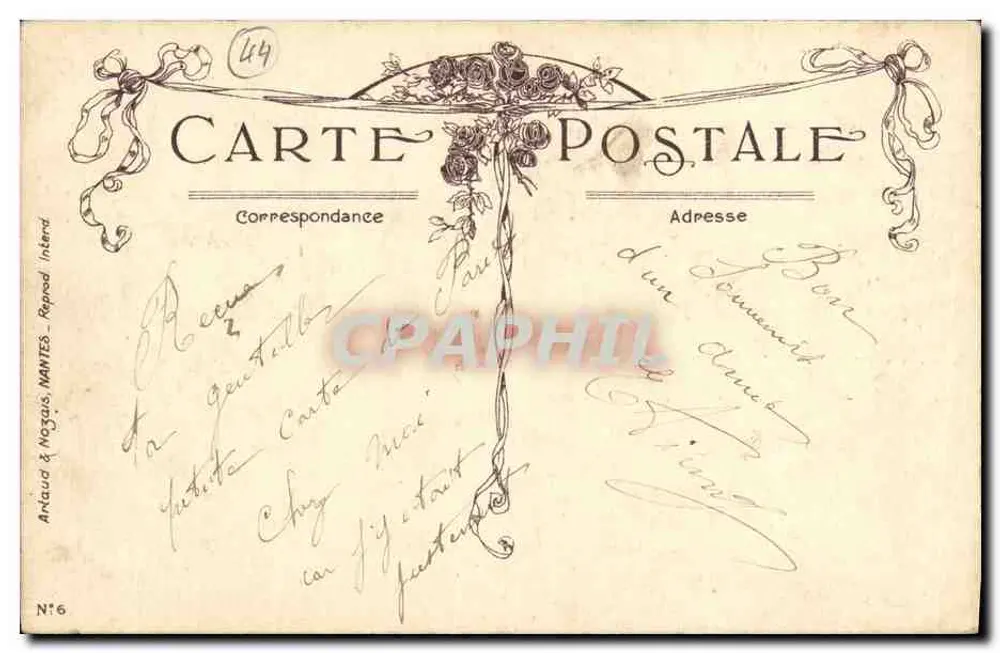 Amitiés de Nantes — paisagem fluvial com flores e borboleta — editor Anjaud & Noguais, N°6 - Verso