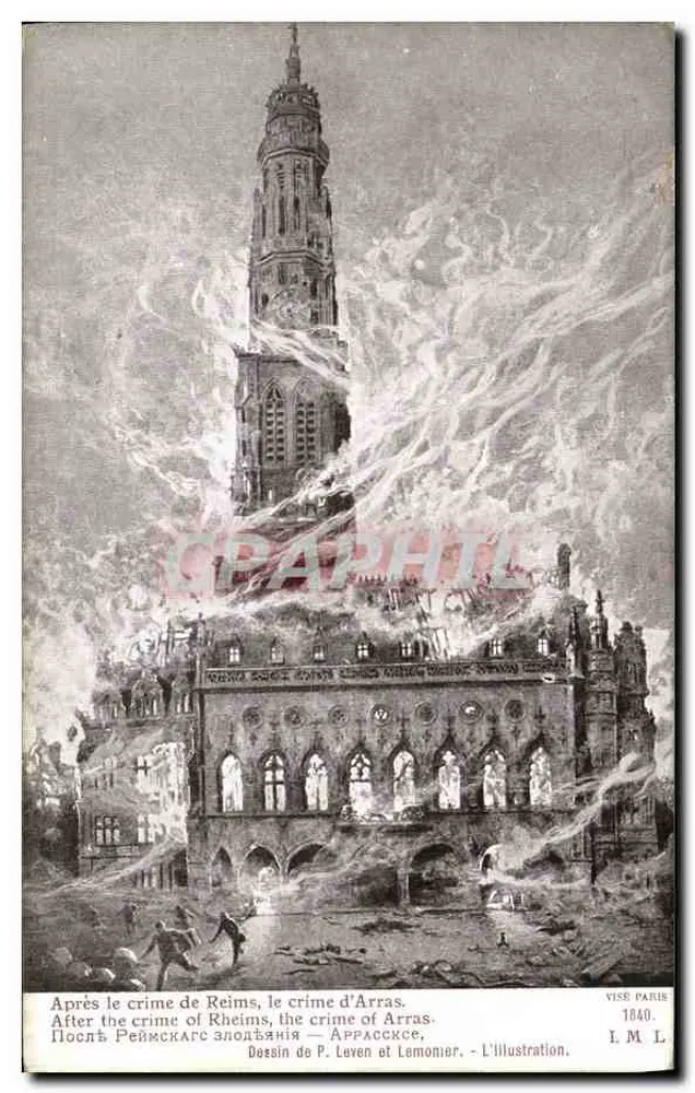 Edifício em chamas em Arras — Após o crime de Reims, o crime de Arras — Desenho de P. Leven e Lemonier, L'Illustration, 1840 - Frente