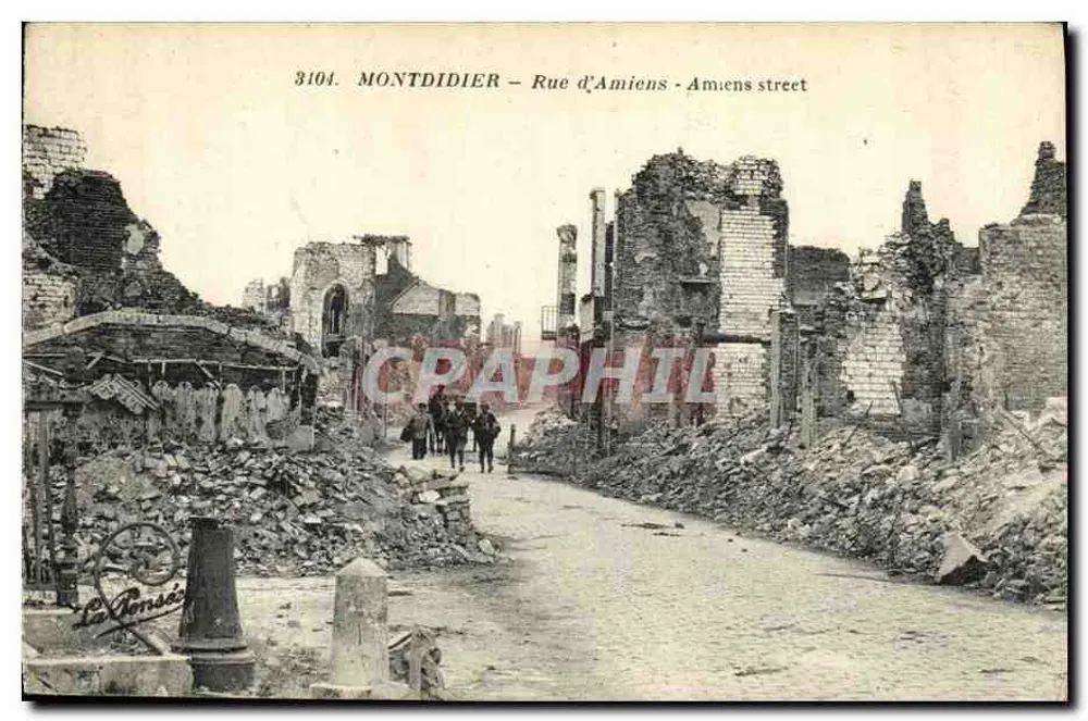 Montdidier — Rue d'Amiens — distruzione dopo la guerra — La Tensee - Recto