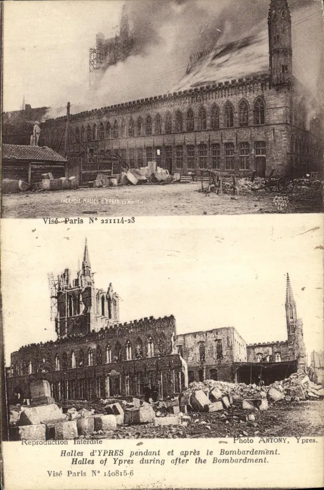 Ypreser Markthalle während und nach dem Bombardement — Visé Paris N° 231114-23 und N° 140815-6 — Photo Antony, Ypres - Vorderseite