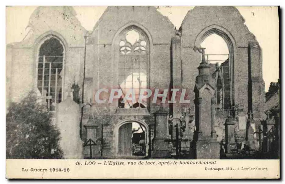 Loo — Die Kirche, Frontalansicht, nach dem Bombenangriff — Destructrooper, Verlag, in Loo-lee-Farnes - Vorderseite