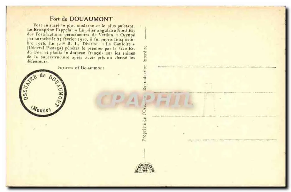 Kasteel Douaumont — Ossuarium van Douaumont — Uitgever: Philo-Verdun - Achterkant