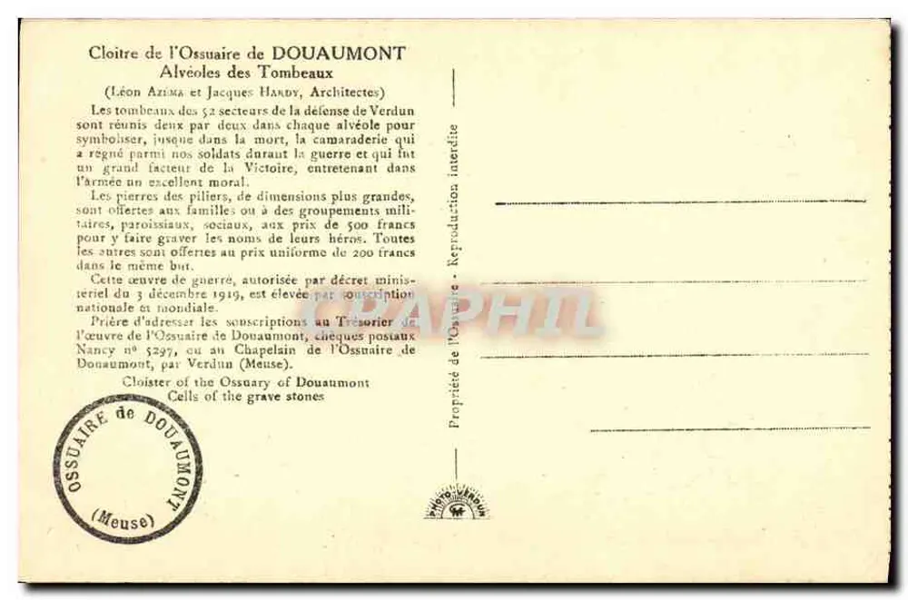 Cloître do Ossuário de Douaumont — Alvéoles dos Túmulos — Editor não visível - Verso