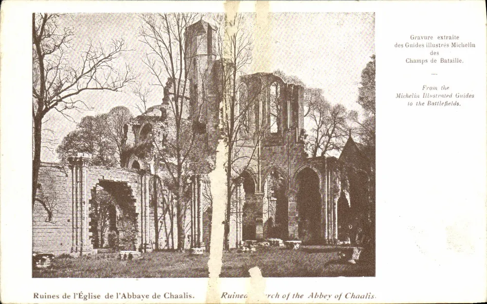 Ruinen der Kirche der Abtei Chaalis — Lithografie aus den illustrierten Michelin-Führern zu Schlachtfeldern, Verlag Michelin - Vorderseite