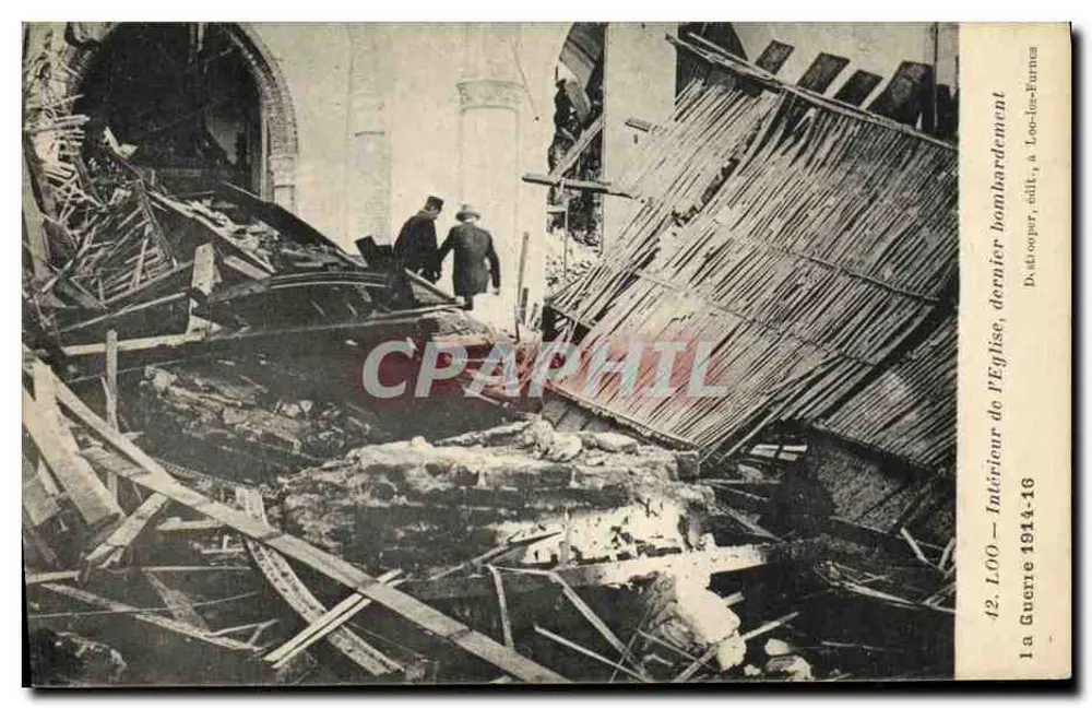 Innenansicht der Kirche, letzter Bombardement — Loo-les-Furnaux — D. du Goyer, Verlag 1914-16 - Vorderseite