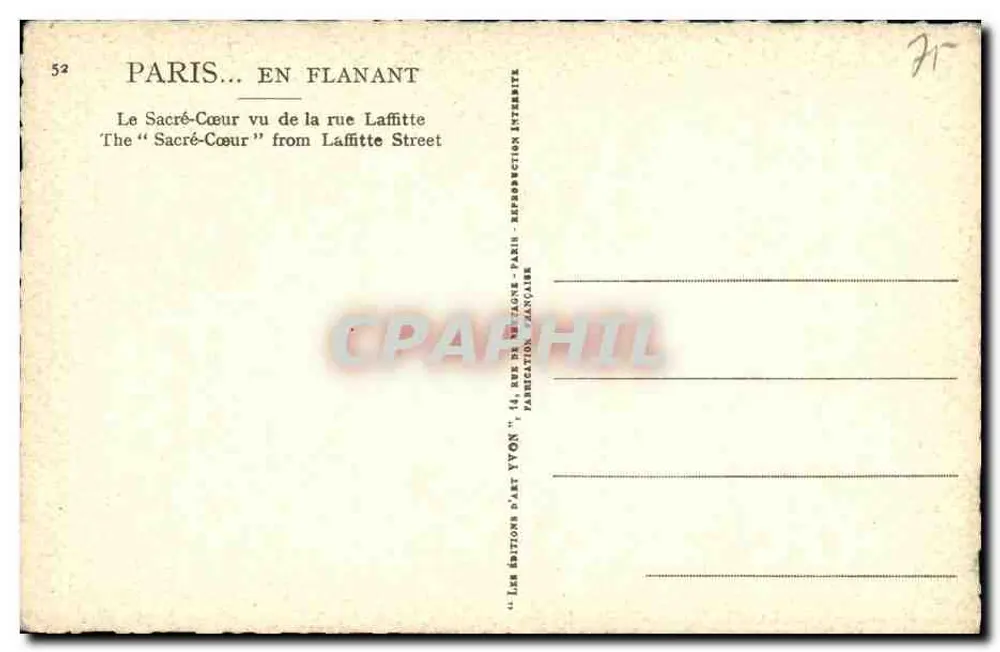 Der Sacré-Cœur von der rue Laffitte aus — Paris — Éditions d'Art Yvon - Rückseite