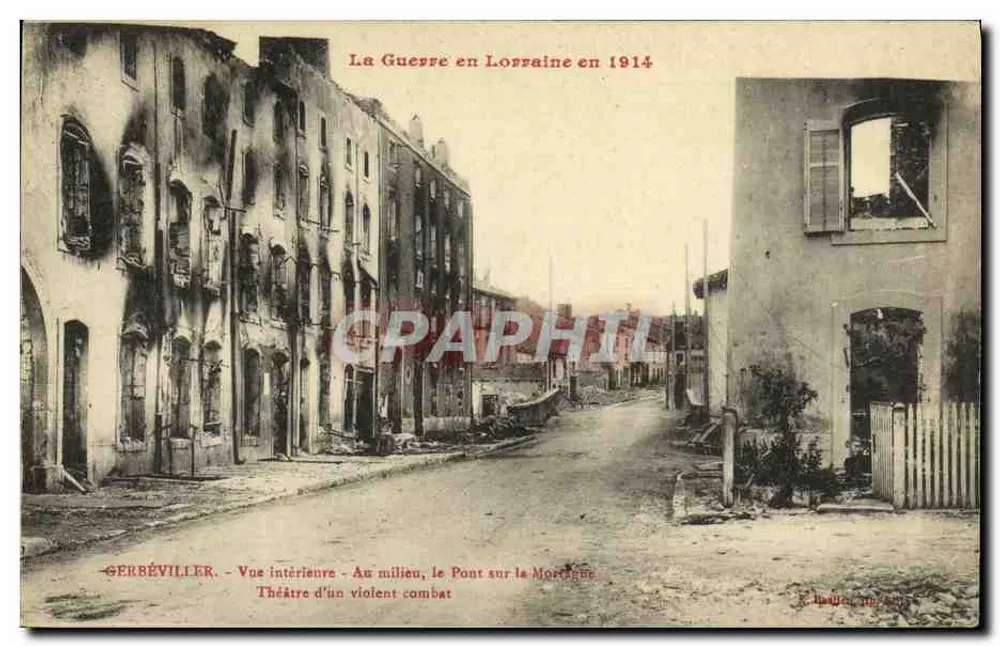 Gerbéviller — Vista interna do Ponte sobre a Mortagne após um combate violento em 1914 — Editor: E. Lauthier, n° 2005 - Frente
