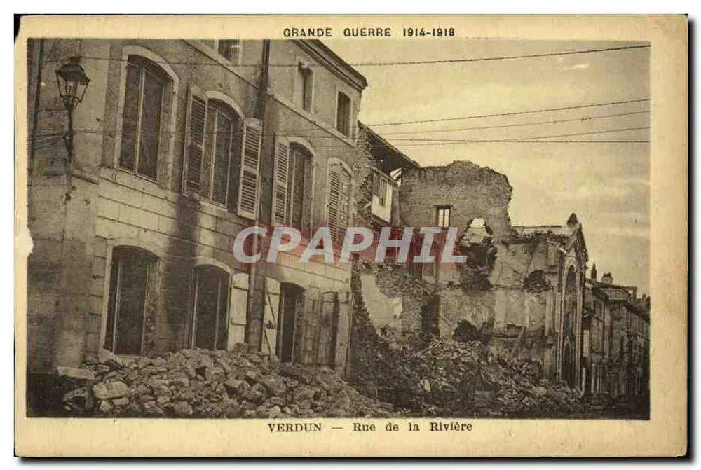 Verdun — Rue de la Rivière — dévastation après la Grande Guerre 1914-1918, éditeur Combier - Frente