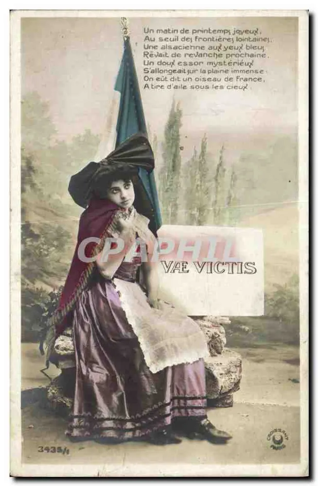 Mulher em traje da época — poema com fundo de paisagem — editor Cooreman, n° 3435/1 - Frente