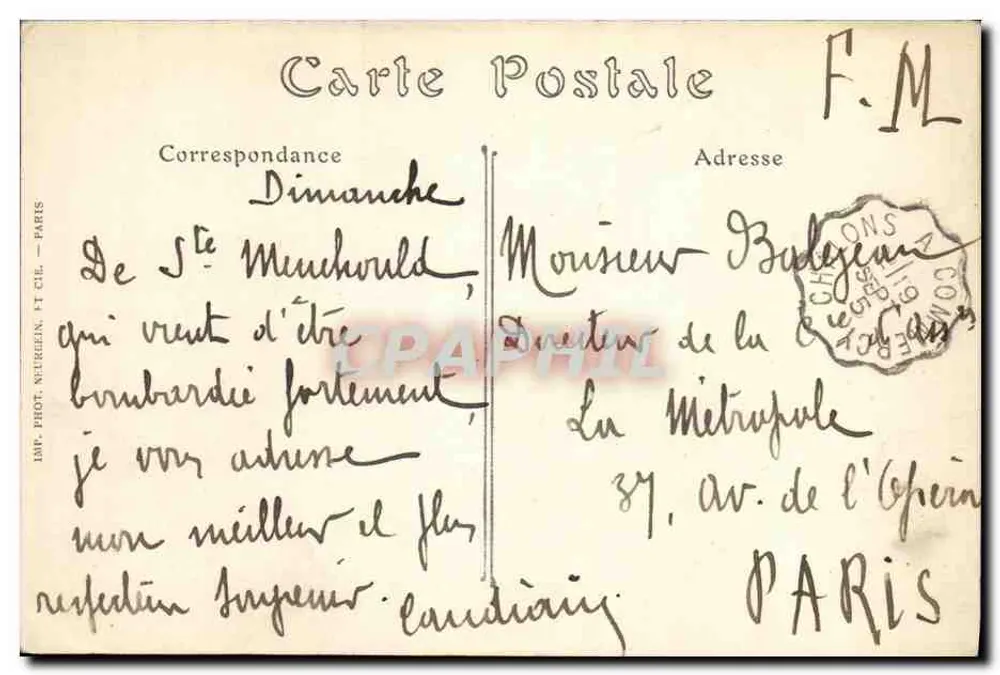 Campagne van 1914-1915 — Kamp in de Argonne — Visé Parijs N° 170 - Achterkant