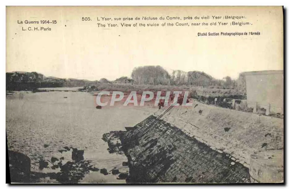Der Yser, Ansicht vom Schleusentor des Grafen, nahe dem alten Yser — Belgien — Foto von Section Photographique de l'Armée, Nr. 505 - Vorderseite