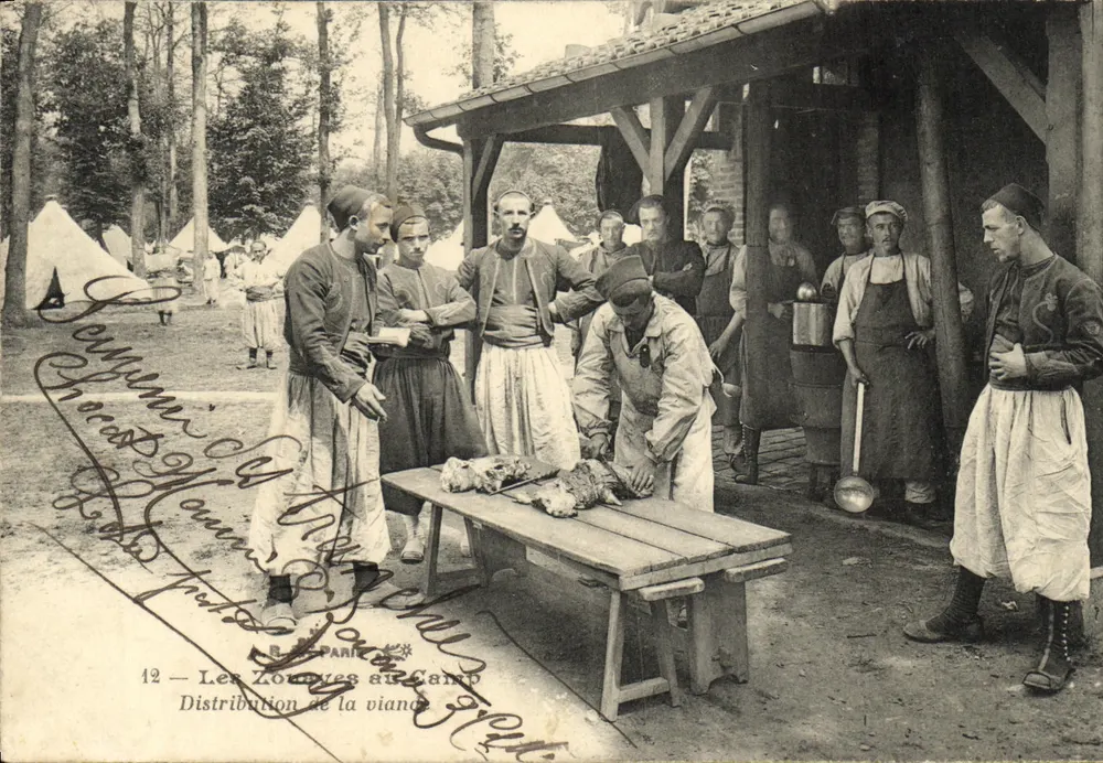 Die Zouaves am Lager — Verpflegung mit Fleisch — Verlag Paris, Nr. 12 - Vorderseite