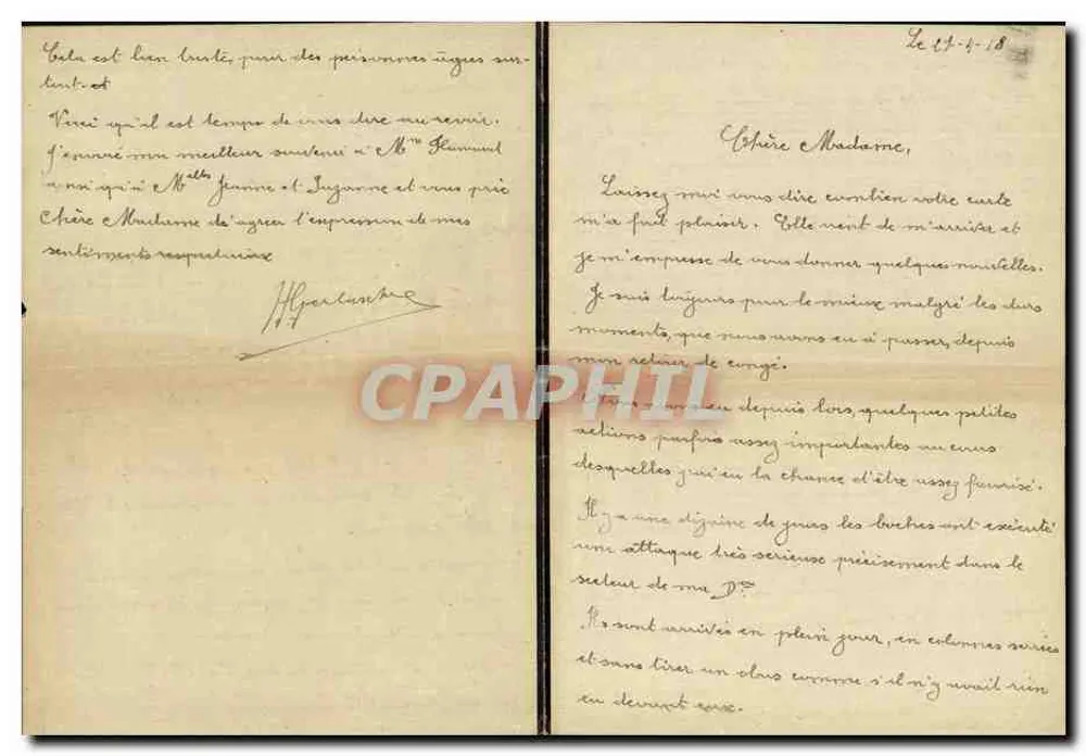 Carta manuscrita para Madame — editor não visível - Frente